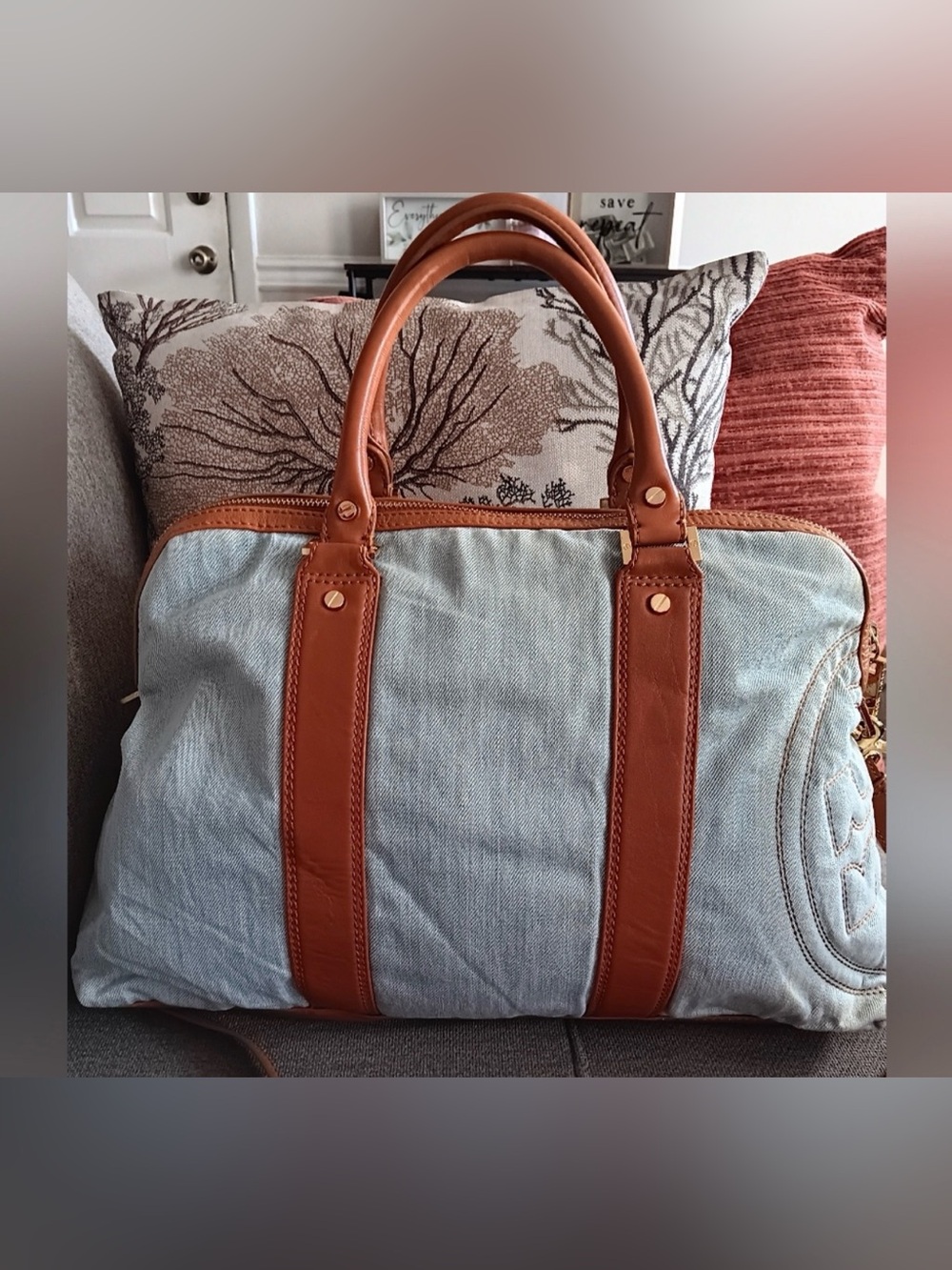 Tory Burch Light Blue Denim Bag with Tan Leather Trim - Picture 2 of 5
